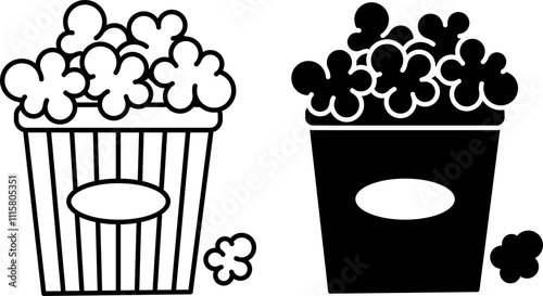 Popcorn Icons. Black and White Vector Illustrations. Sweet Puffed Corn in a Package. Tasty Food. Fast Food Concept