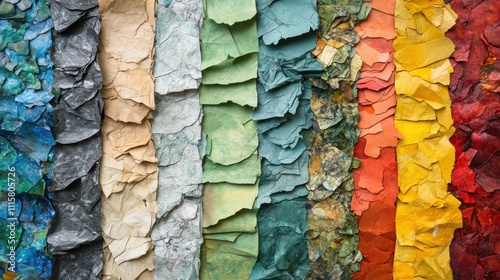 Art made from recycled paper materials, including various textures and colors photo