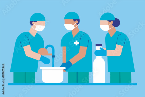 Three doctors in blue scrubs and masks wash their hands in a medical setting, emphasizing hygiene before or after a procedure. Gloves suggest cleanliness in a light blue