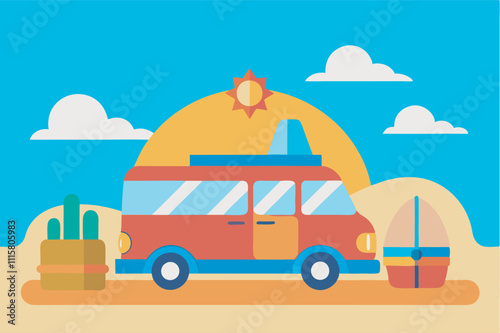 A vibrant beach scene with a colorful van, surfboards, cactus, and sunny sky evokes a relaxed and cheerful atmosphere for beach activities at sunset.