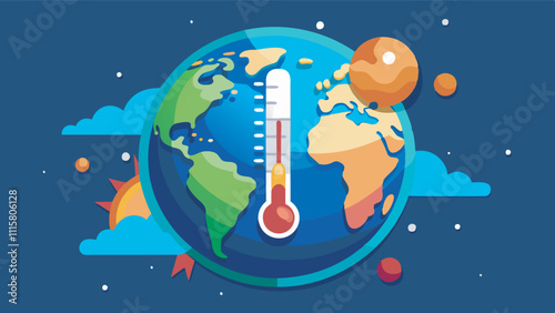 Colorful cartoon-style illustration depicts global warming theme with Earth and high temperature, surrounded by dark blue background, Sun, moon, red planets, clouds, lightning in flat design.