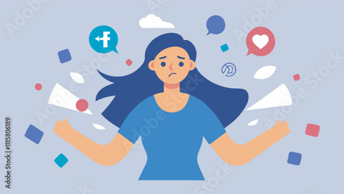 Young woman with blue hair, sad and overwhelmed, surrounded by social media icons like hearts and likes. Paper airplanes in scene, conveying stress and negativity.