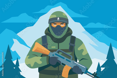 A serious soldier in green winter gear and mask stands vigilant in a snowy mountain forest with a rifle, exuding readiness against the harsh winter backdrop.