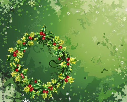 Green Christmas background with holly berries, perfect for holiday cards and winter season decorations