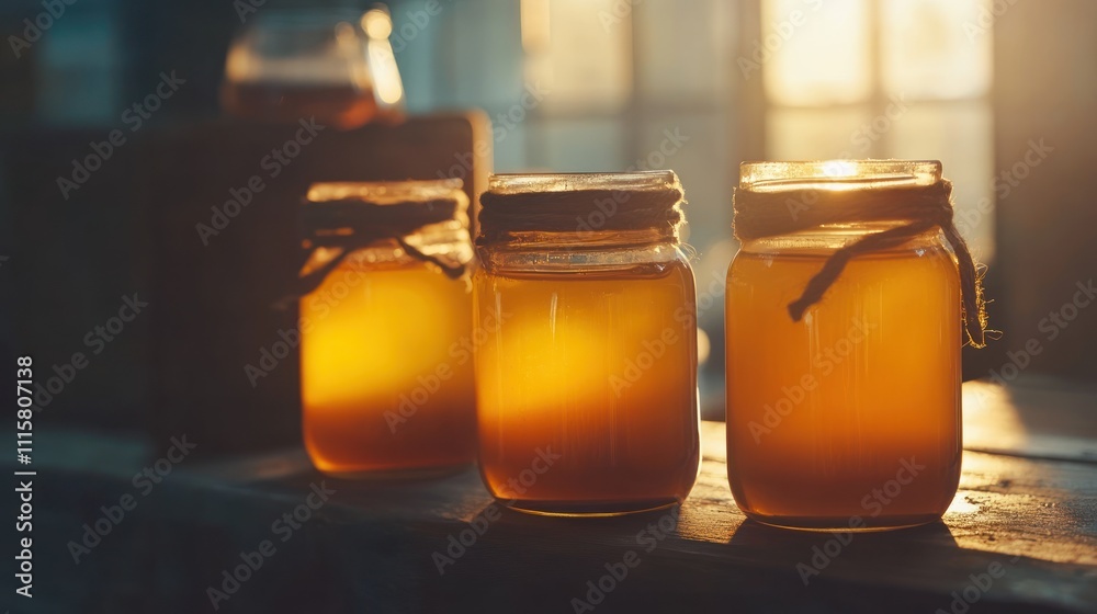 Three jars filled with golden liquid, illuminated by warm sunlight. Three jars filled with golden liquid, illuminated by warm sunlight.