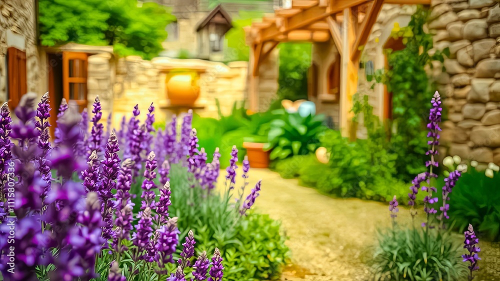 Serene Courtyard Garden Path with Purple Flowers and Stone Walls Serene Courtyard Garden Path with Purple Flowers and Stone Walls