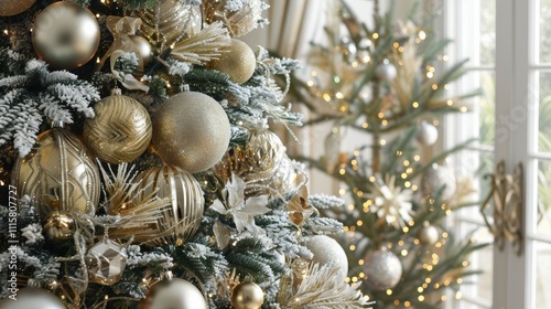 A beautifully decorated Christmas tree adorned with golden ornaments and baubles, featuring festive decorations that capture the spirit of the holiday season in December