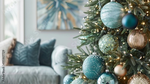 A beautifully decorated Christmas tree surrounded by festive gifts, adorned with colorful ornaments and sparkling lights, capturing the joy of the holiday season