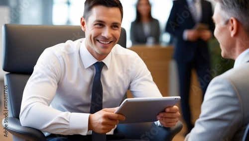Happy real estate man using digital tablet with her clients during consultations in office