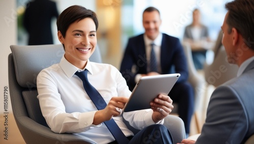 Happy real estate woman using digital tablet with her clients during consultations in office