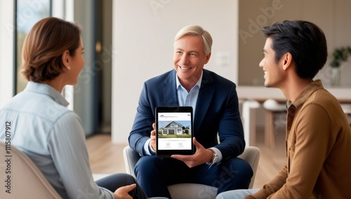 Happy real estate man using digital tablet with her clients during consultations in office