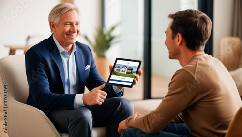 Happy real estate man using digital tablet with her clients during consultations in office