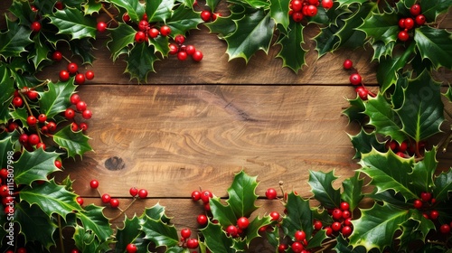 A Christmas wreath decorated with holly, berries, and festive ornaments is hanging on a wooden wall.ging on a wooden wall.