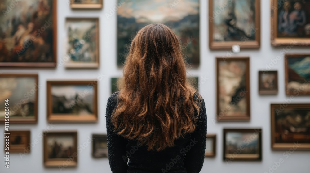 Woman exploring art museum, surrounded by framed paintings in elegant gallery. Cultural inspiration, artistic appreciation, classic artwork, peaceful indoor setting, historical connection. Woman exploring art museum, surrounded by framed paintings in elegant gallery. Cultural inspiration, artistic appreciation, classic artwork, peaceful indoor setting, historical connection.