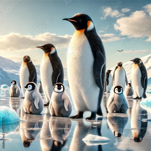 Penguins standing on a snowy beach in a polar region