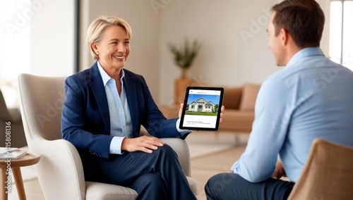 Happy real estate old woman using digital tablet with her clients during consultations in office