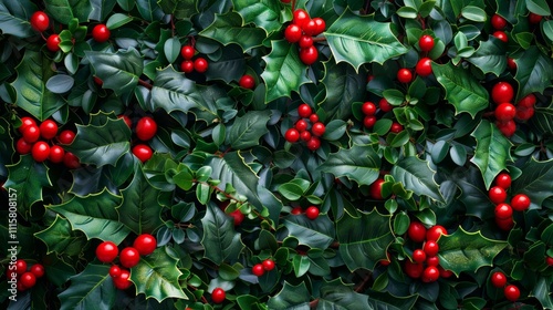 Holly berries on a red background with leaves and branches showcasing a festive Christmas theme