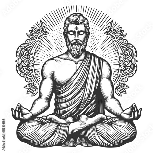 enlightened sage sitting in a lotus position, radiating calmness and wisdom with ornate background details sketch engraving generative ai vector illustration. Scratch board. Black and white image.