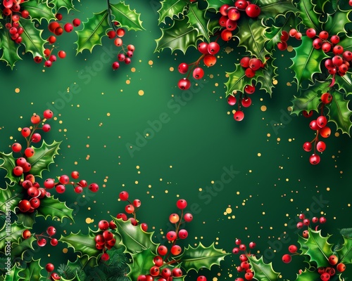 Christmas holly berries and festive decorations background
