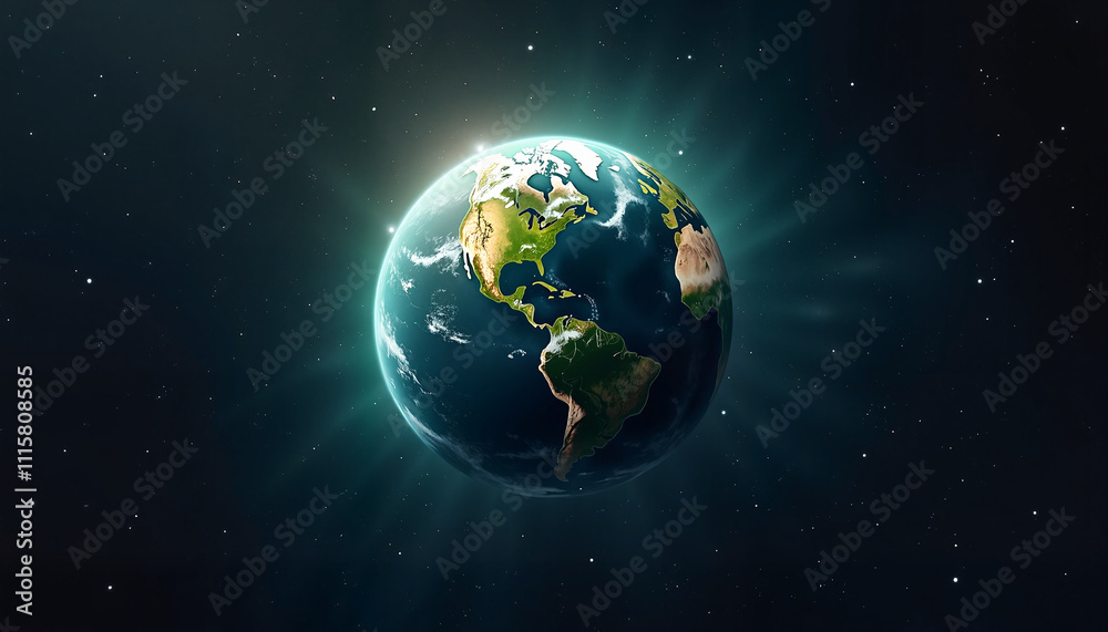 Earth in space with green continents and blue oceans surrounded by a glowing aura for International Earth Day
Earth in space with green continents and blue oceans surrounded by a glowing aura for International Earth Day