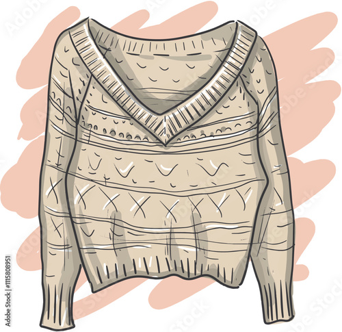 Beige sweater hand knitted bright colors cartoon style handmade crafts openwork patterns beautiful clothes hand drawn