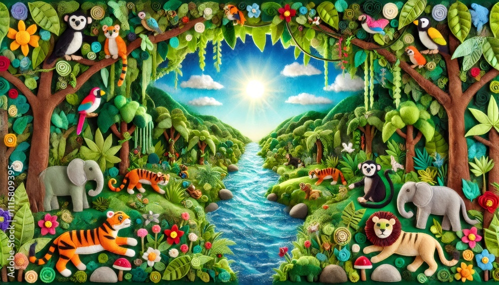 Obraz premium Lush tropical jungle scene crafted from felt with river flowing and sun shining