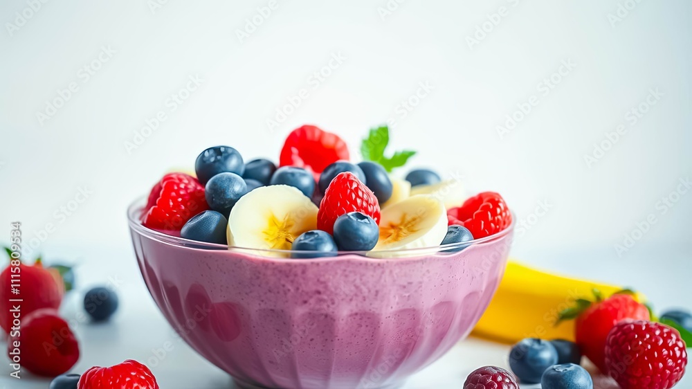 Delicious berry and banana smoothie bowl with fresh fruit topping Delicious berry and banana smoothie bowl with fresh fruit topping