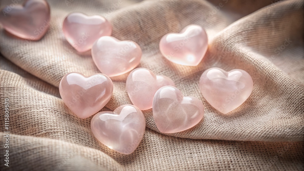 Exquisite Rose Quartz Hearts Arranged Artistically on a Soft Fabric Surface, Capturing the Serenity and Gentle Energy of Crystals in a Portrait Photography Style Exquisite Rose Quartz Hearts Arranged Artistically on a Soft Fabric Surface, Capturing the Serenity and Gentle Energy of Crystals in a Portrait Photography Style