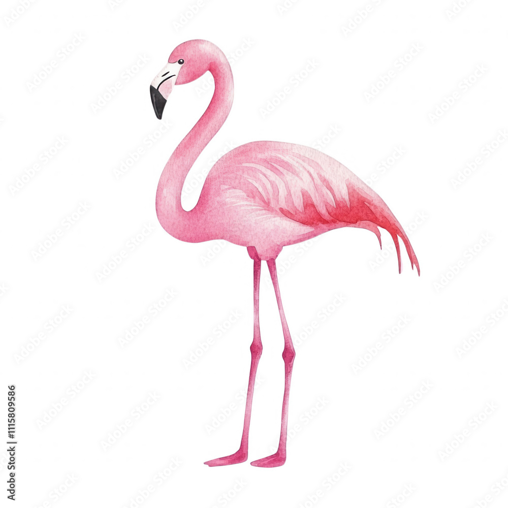 Fototapeta premium Wildlife watercolor tropical flamingo portrait in nature, Transparent background.