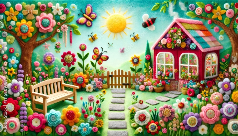 Fototapeta premium Whimsical felt garden with colorful flowers, butterflies, and sun shining bright