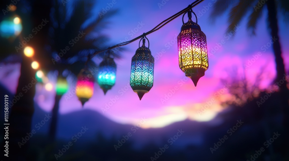Obraz premium Ramadan Lanterns Festive Lights Colorful Hanging Decorations Night Scene Twilight Sky