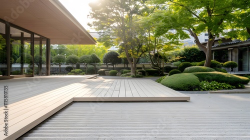 Serene zen garden exuding positive energy tranquil outdoor space modern design peaceful atmosphere photo