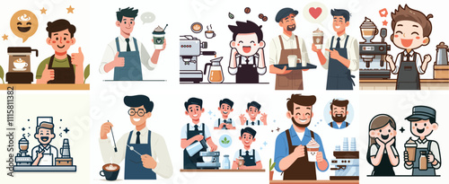 Vector Set of a Happy Barista in a Simple Flat Design Style