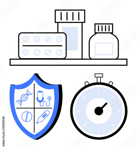 Medication bottles pills, protective shield with medical symbols, and a stopwatch. Ideal for healthcare, medication management, medical safety, efficiency in treatment, pharmaceuticals, time