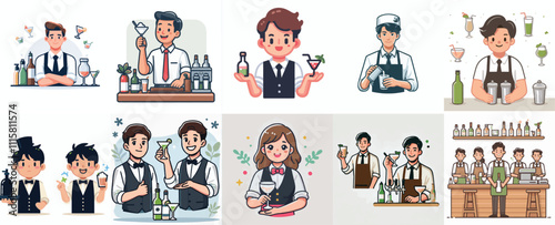 Vector Set of a Happy Bartender in a Simple Flat Design Style