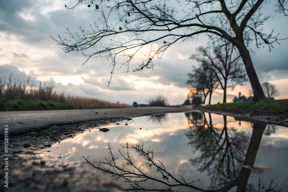 Puddle reflecting cloudy sky and tree branches on a quiet country road at dusk Puddle reflecting cloudy sky and tree branches on a quiet country road at dusk