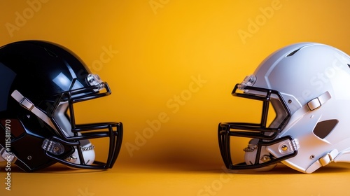 Two football helmets, one black and one white, face each other against a vibrant orange background, symbolizing competition and sportsmanship in the game of football. photo