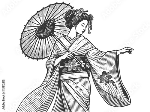 traditional geisha, adorned with a floral kimono and holding an umbrella parasol sketch engraving generative ai fictional character vector illustration. Scratch board. Black and white image.