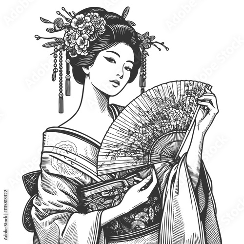  graceful geisha in traditional attire, adorned with flowers and hairpins, holding a decorative fansketch engraving generative ai vector illustration. Scratch board imitation. Black and white image.