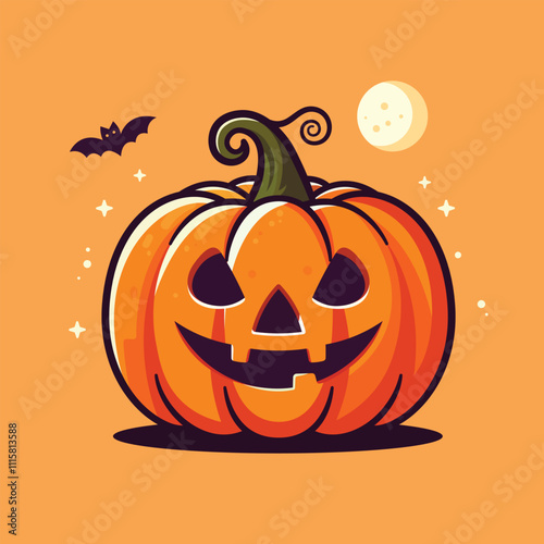 Halloween pumpkin with bat and moon situated on orange background vector image