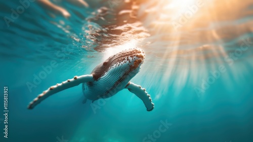 A stunning image of a whale swimming gracefully under the sunlit waters, capturing the beauty and majesty of marine life in a serene ocean environment. photo