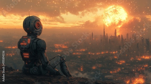 Rust-colored robot watching a dystopian cityscape during sunset, depicting a futuristic world and AI's place in post-industrial society, symbolic and evocative scene photo