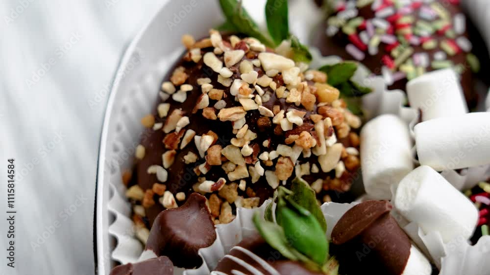 Macro shot of gourmet treat featuring a chocolate dipped strawberry coated in crushed nuts, surrounded by marshmallows and colorful decorations. Rotation