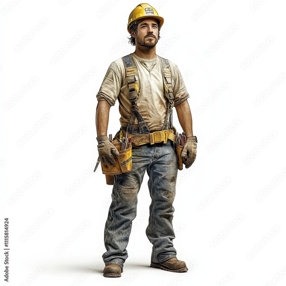 A man in a yellow helmet and safety gear stands in front of a white background A man in a yellow helmet and safety gear stands in front of a white background