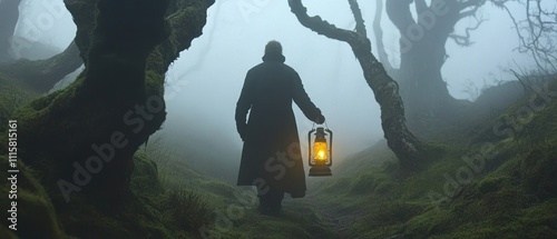 Mysterious Wanderer in the Misty Forest photo