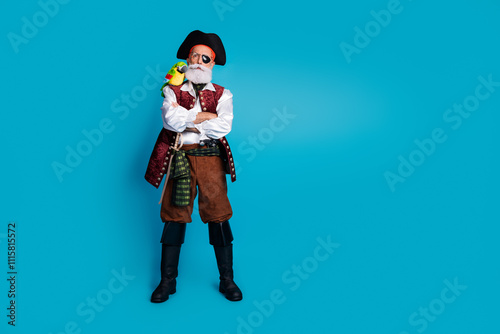 Fotografie Photo of confident brave pirate wearing traditional costume crossed arms empty s