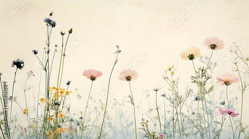 Delicate wildflower patterns in soft pastel tones over a textured cream background 