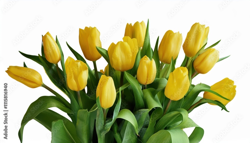 Obraz premium Vibrant Yellow Tulips Bouquet. Symbol of Joy and Sunshine for Celebrations like Women’s Day, Birthdays, and Spring Festivals. Perfect for Brightening Homes, Gifting, or Office Décor