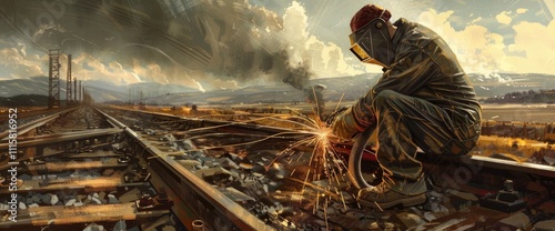 A worker in safety gear and protective glasses is working on the railroad tracks, welding them together with an industrial welding machine to create new paths for trains. photo