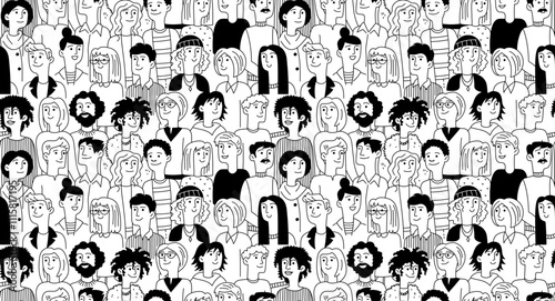 Decorative diverse female male heads seamless background pattern. Diverse multiethnic group. Vector doodle illustration